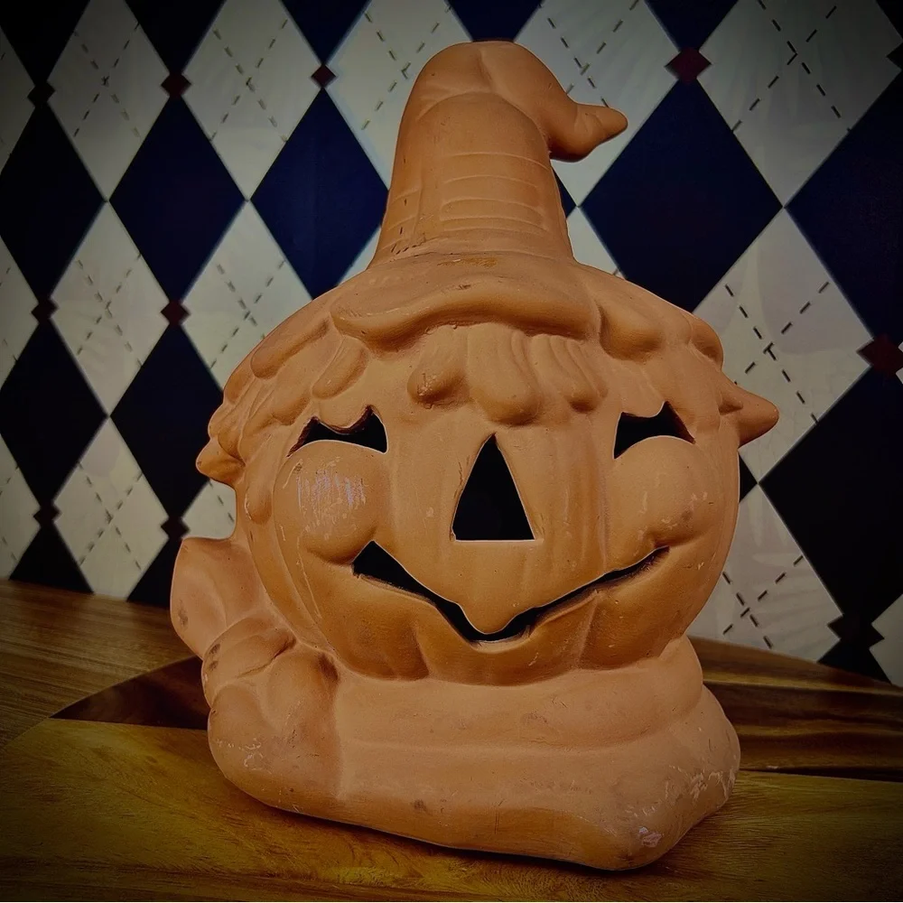 Large Terracotta Jack O‎ Lantern Scarecrow Pumpkin Candle Holder Witch Hat